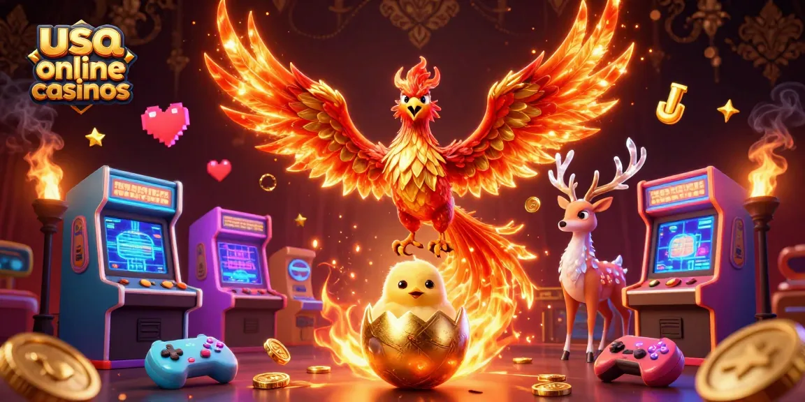 Engage with usa online casinos showcasing a vibrant phoenix and game machines in captivating 3D art.