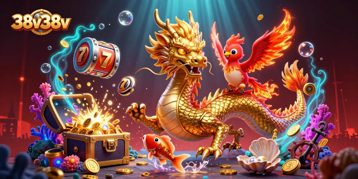 38v38v apresenta uma ilustração 3D vibrante com dragão, fênix e peixe koi em um cenário de sorte.