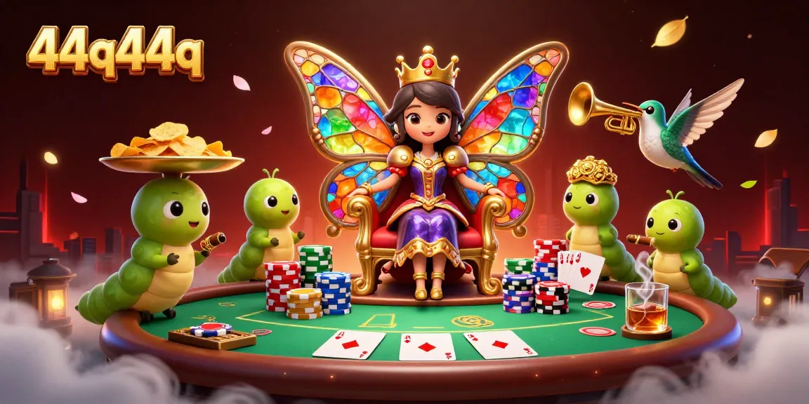 Engage with 44q44q as a cartoon butterfly queen presides over a vibrant poker scene.