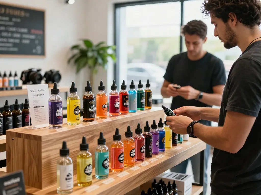 Colorful e-liquid vape juice bottles on display, showcasing premium flavors for vapers.