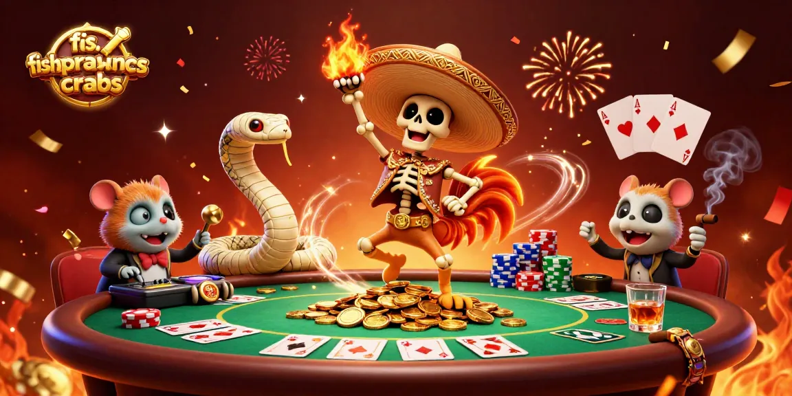 Experience the excitement of fishprawncrabs with a festive victory dance amid overflowing poker chips and golden coins.