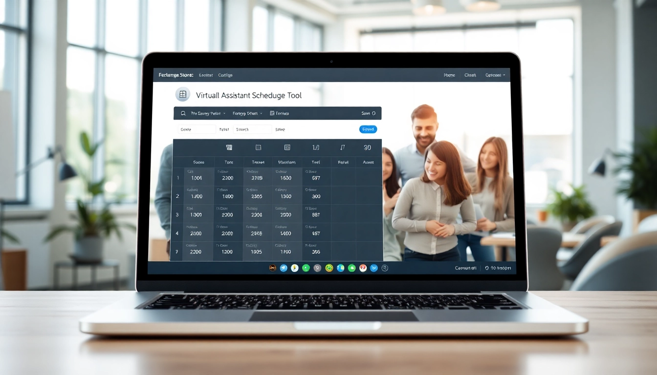 Using a virtual assistant scheduling tool on a laptop in a vibrant office setting.