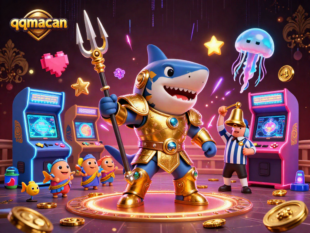 Engage in vibrant gameplay at qqmacan, featuring a cartoon shark in armor and arcade games.