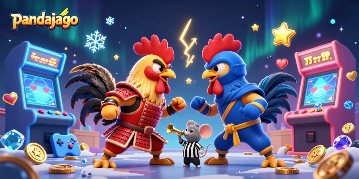 Pandajago menghadirkan pertarungan seru antara ayam jantan 3D di arena, menambah kegembiraan permainan slot.