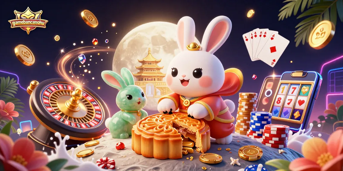 Engage with gamebancanohu, featuring a moon rabbit and casino elements in a vibrant 3D scene.