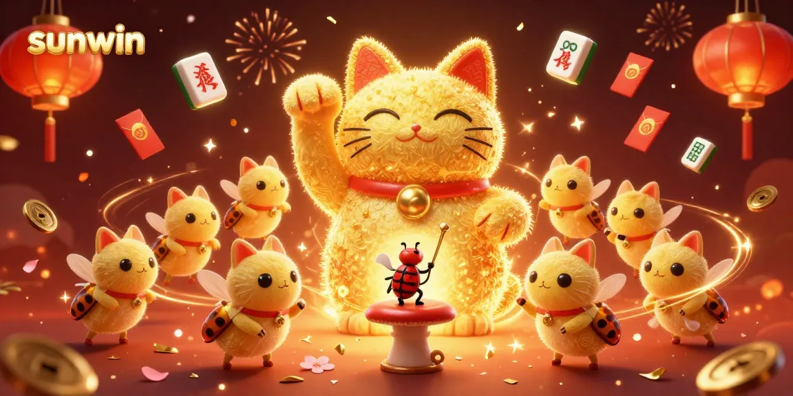 Play and win big with sunwin's dynamic lucky cat illustration amidst vibrant casino elements.