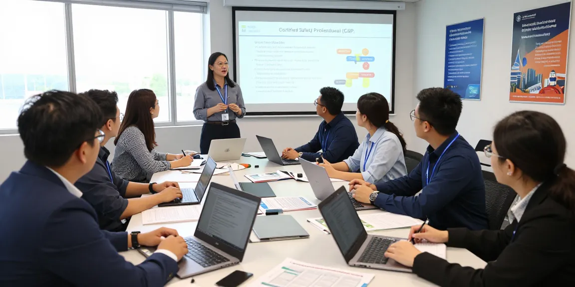 CSP Certification training with engaged professionals in a bright learning environment, illustrating active collaboration and focused study.