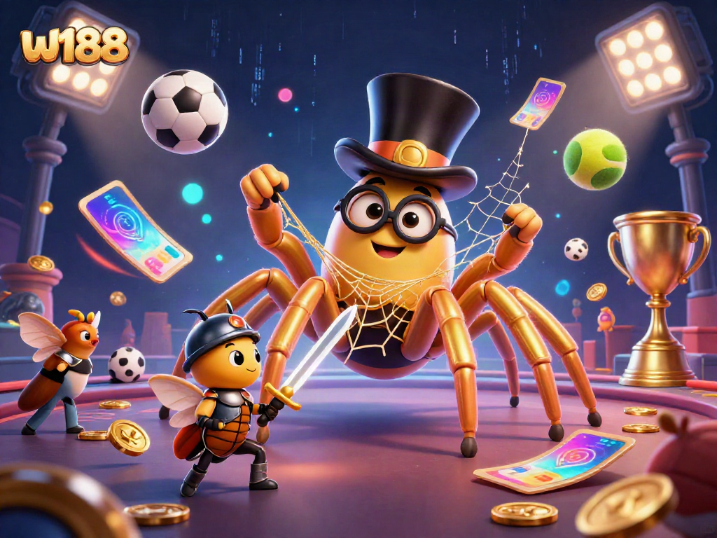 Experience the excitement of W188 with a vibrant scene featuring a golden tarantula weaving amidst sports elements.