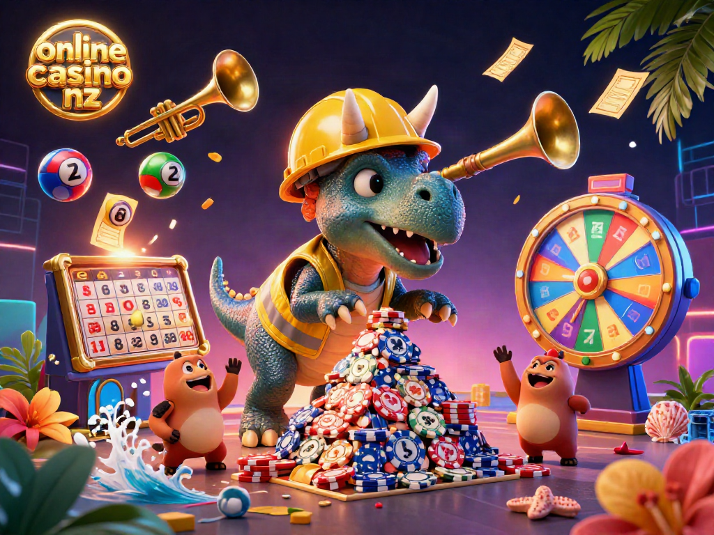 Celebrate wins at online casino nz with a lively 3D scene of a triceratops and friends amid slot reels and lottery balls.