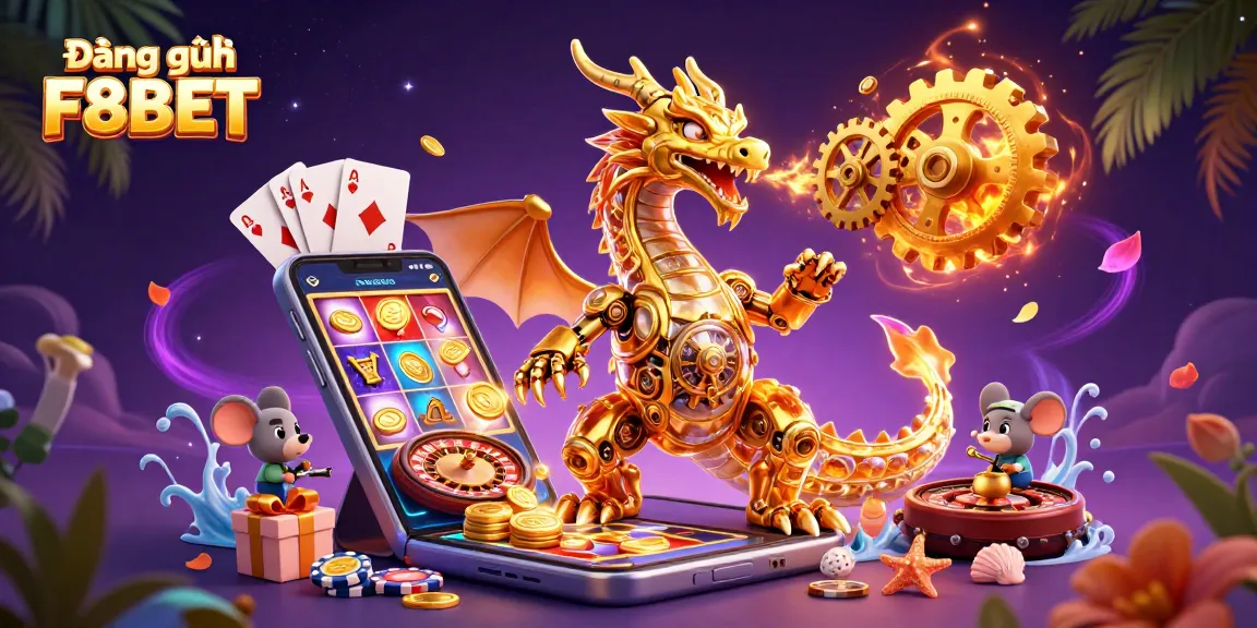 Experience the thrill and excitement of Đăng ký F8BET with a dazzling 3D cartoon illustration featuring a golden dragon and vibrant casino elements.