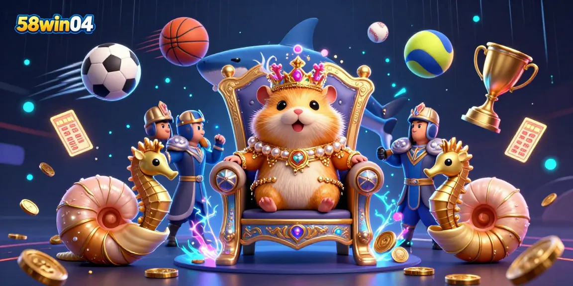 Experience competitive gaming action with 58win04 in a vibrant 3D casino illustration featuring a golden hamster king and royal elements.