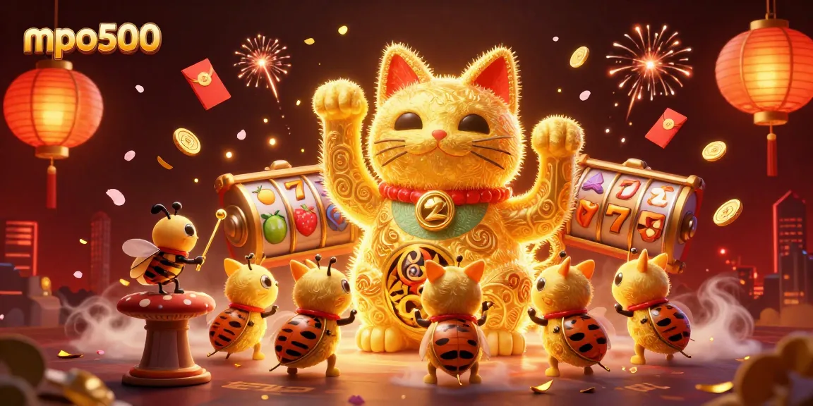 Spin to win with mpo500's vibrant slot game adorned with a lucky cat and gold symbols.