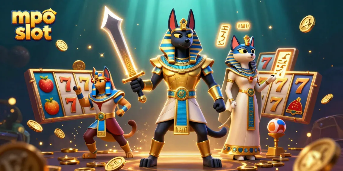 Engage with mpo slot in a vibrant 3D scene featuring Anubis and Bastet amidst rich gaming elements.
