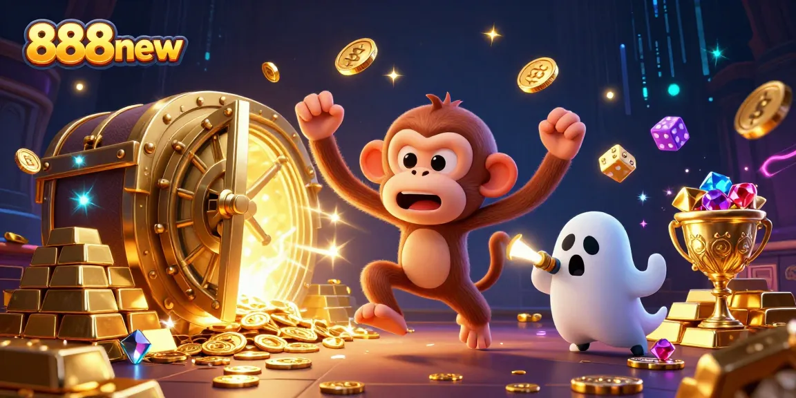Engage with 888new in this thrilling 3D casino scene showcasing a mischievous monkey juggling golden items surrounded by dazzling treasure.