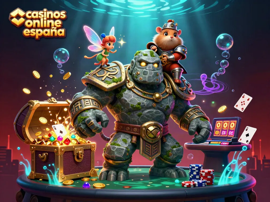 Juega en casinos online España con una emocionante escena llena de personajes mágicos y elementos de póker.