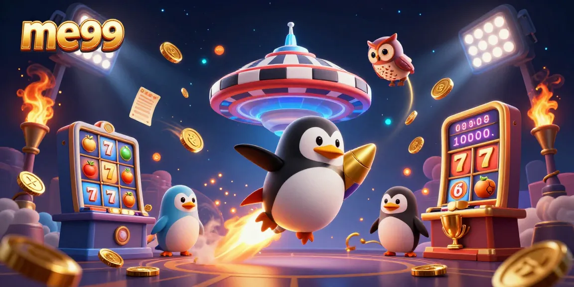 Experience thrilling gameplay at me99, featuring a golden penguin and dynamic casino elements.