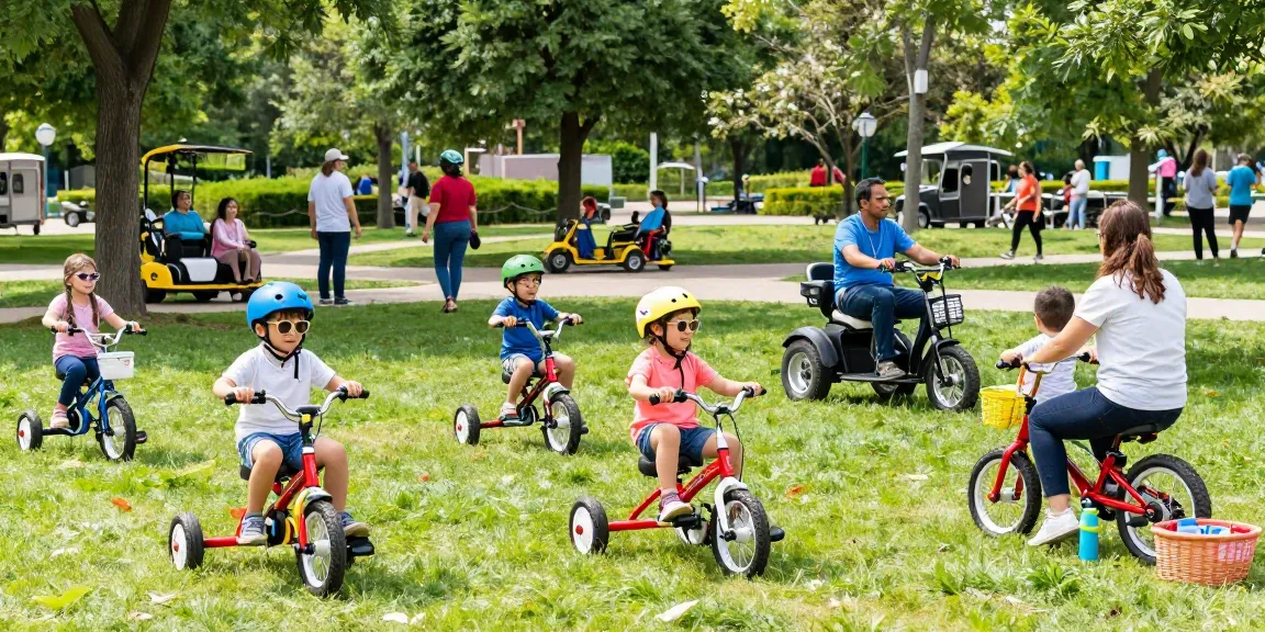 Families enjoying Scout tricycles, capturing joyful outdoor moments.