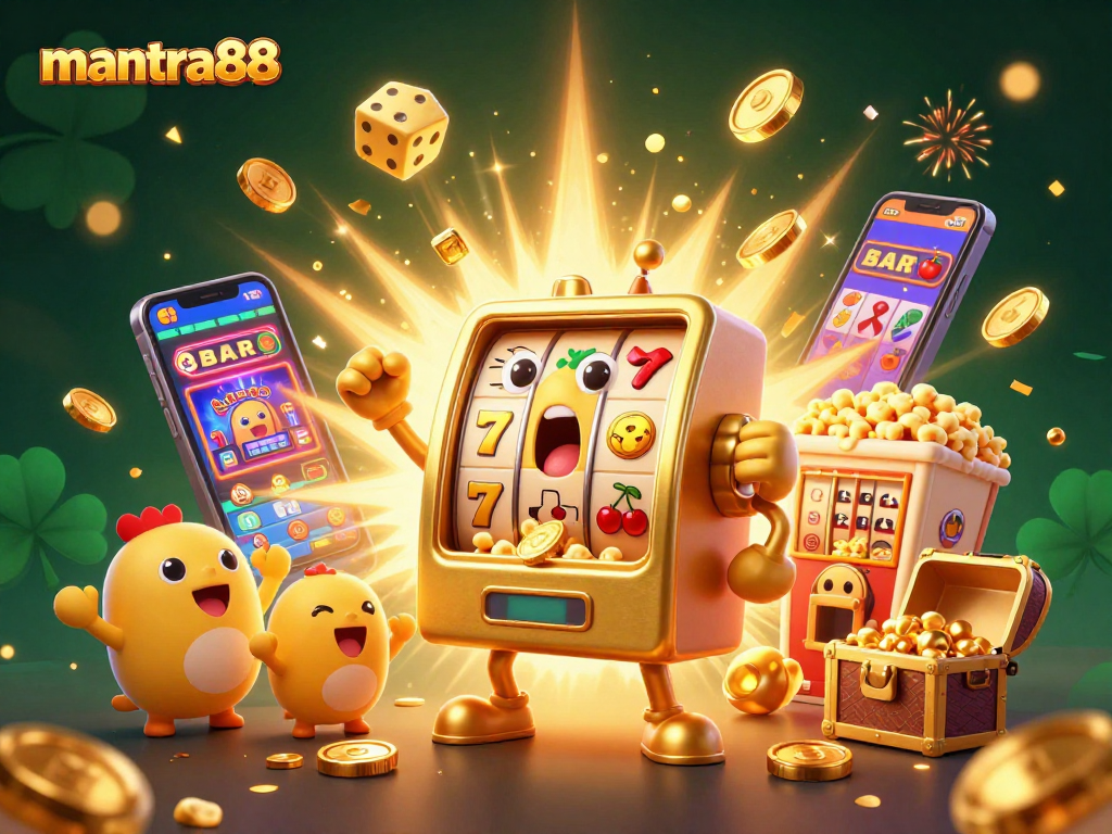 Experience the thrill of mantra88 as the golden slot machine hits a jackpot surrounded by cheering baby machines.
