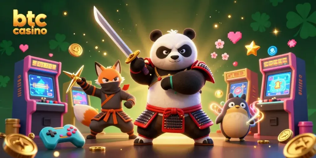 Gioca nel btc casino con un panda samurai e un ninja volpe circondati da simboli e giochi colorati.
