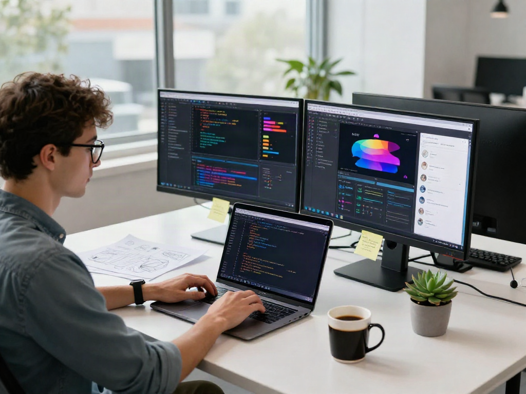 Developer working on Pikashow project in a modern tech workspace with coding interface visible.
