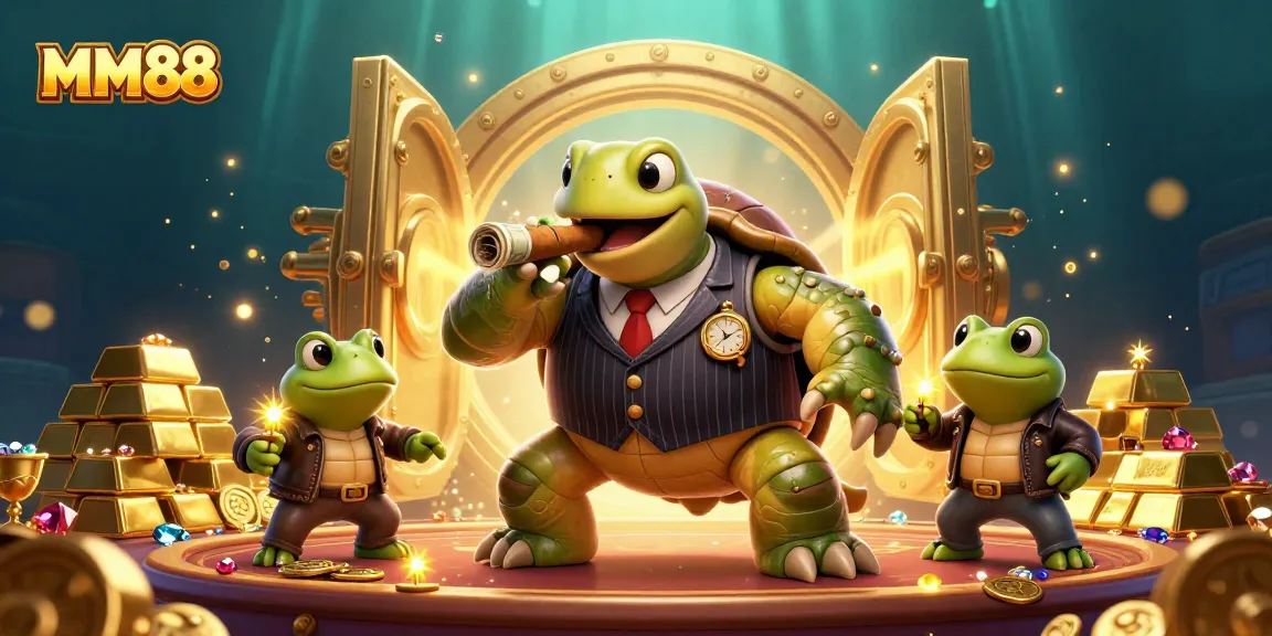 Join the excitement of MM88 with this vibrant casino scene featuring characters and gold!