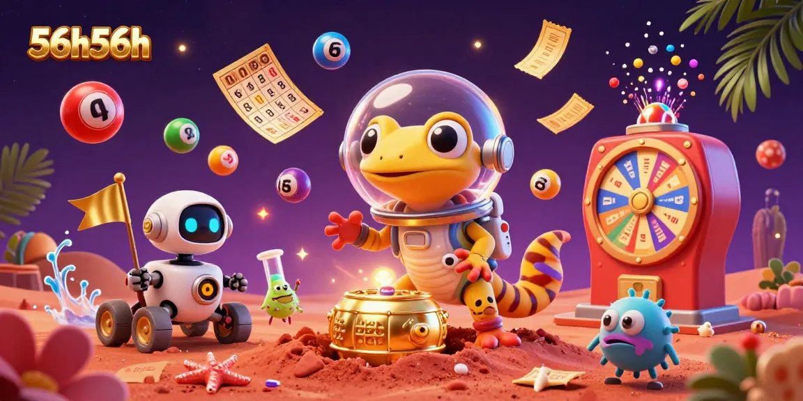 Engage with the 56h56h universe as cartoon Martian geckos and aliens celebrate their big win at a buried casino.