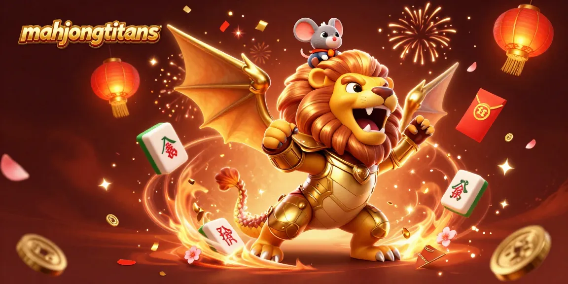 Engage in mahjongtitans with a dynamic scene featuring a chimera creature celebrating amidst golden mahjong tiles and festive decorations.