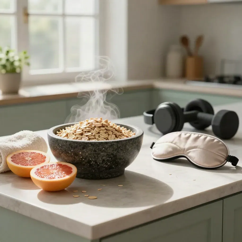 Wellness breakfast spread with oat bowl, grapefruit, dumbbells, towel, headphones and herb pot in soft dawn light