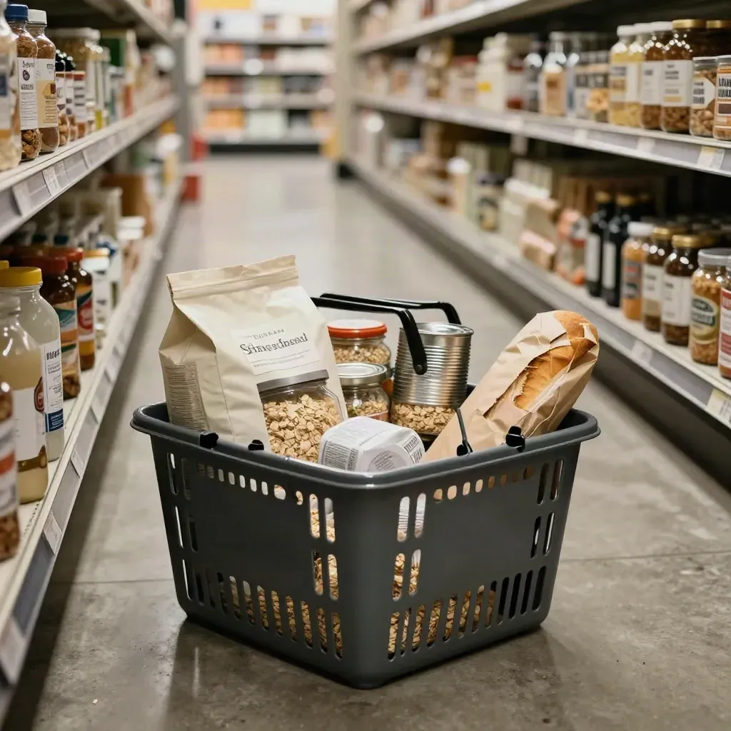 Grocery basket of pantry staples beside a produce crate and shopping cart in a bright aisle.