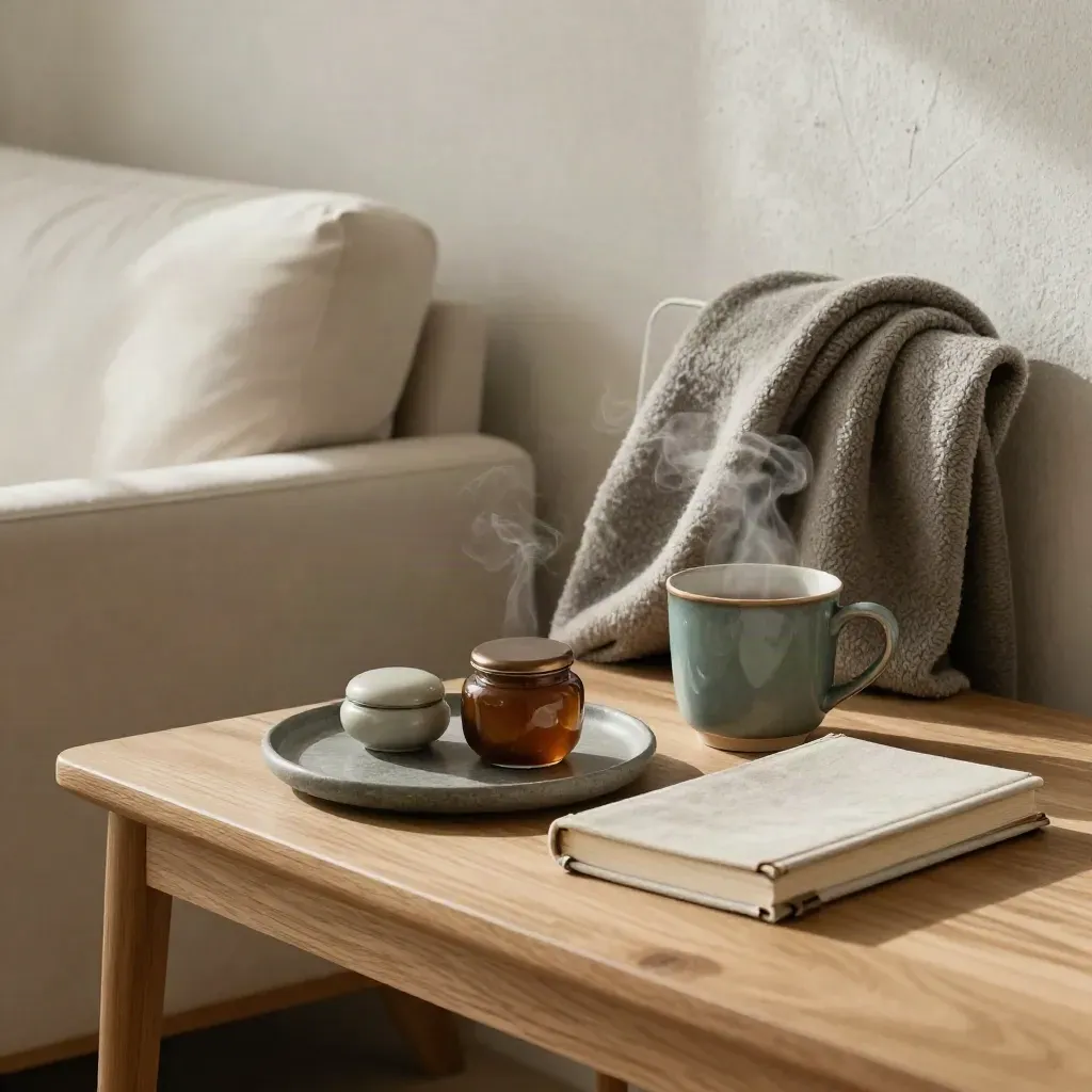 Steaming tea cup, folded blanket, stone tray, and closed journal on a calm living-room side table.