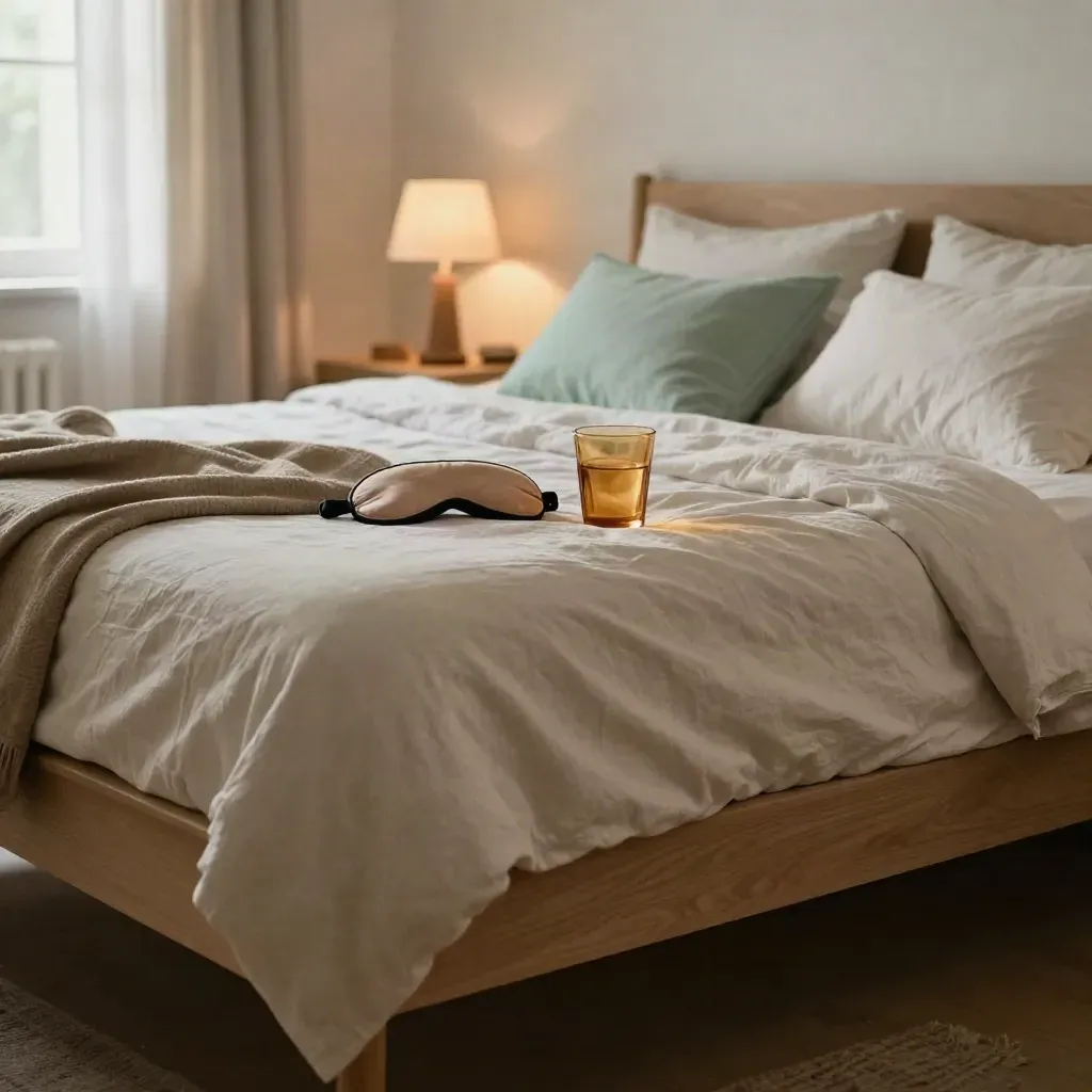 Unmade bed with linen pillows, sleep mask, amber glass, and folded throw in soft window light.