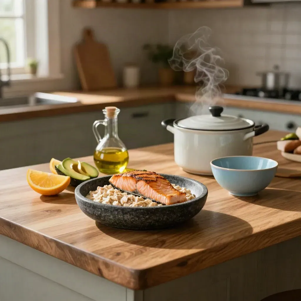 Breakfast of oats, salmon, avocado, citrus and steam beside a lidded pot on a sunlit kitchen island.