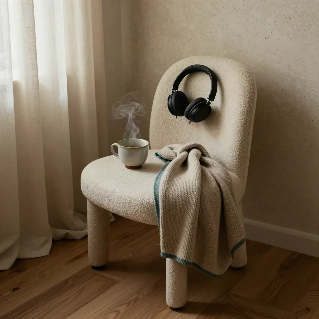 Curved chair with tea cup, headphones, and knit throw in a calm reading nook.