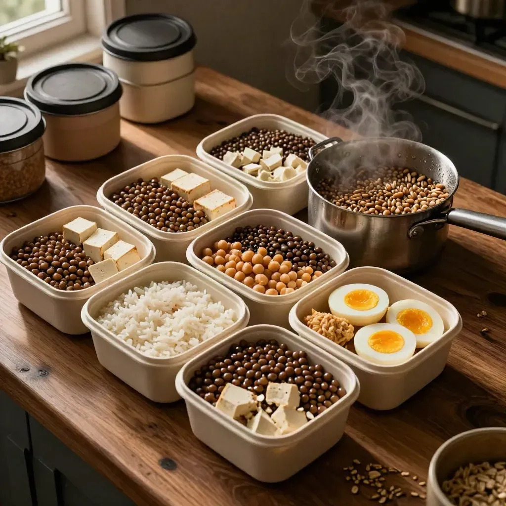 Overhead meal-prep containers with lentils, rice, tofu, chickpeas, eggs, and steam on a worn counter.