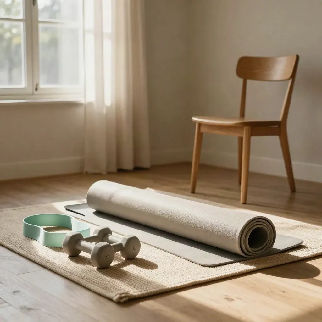 Workout mat, dumbbells, resistance band and chair by a bright window in a warm home corner.
