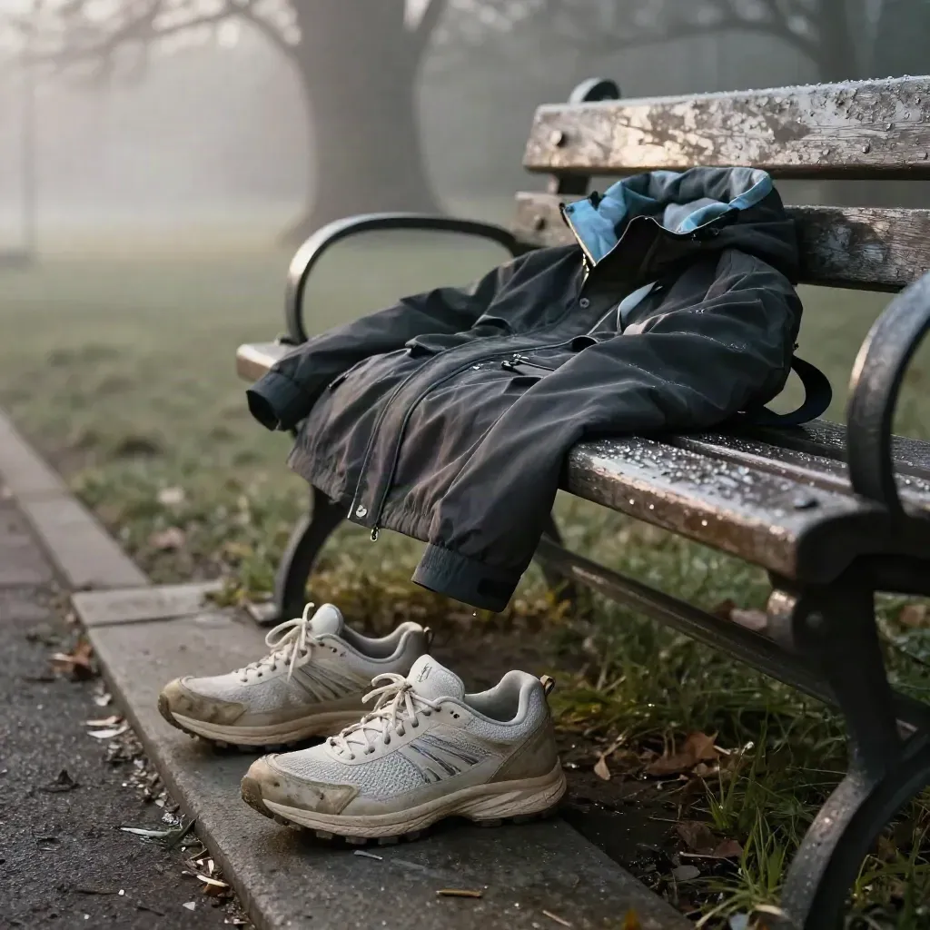 Worn walking sneakers and a windbreaker rest on a park bench beside a misty path at dawn.