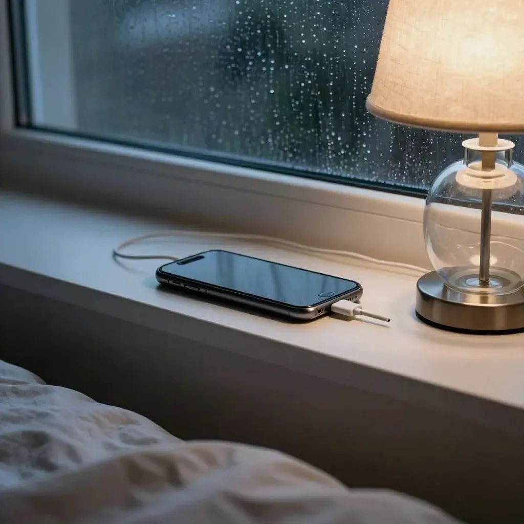 Face-down phone, cable, and unlit bedside lamp on a narrow shelf in blue-hour haze.