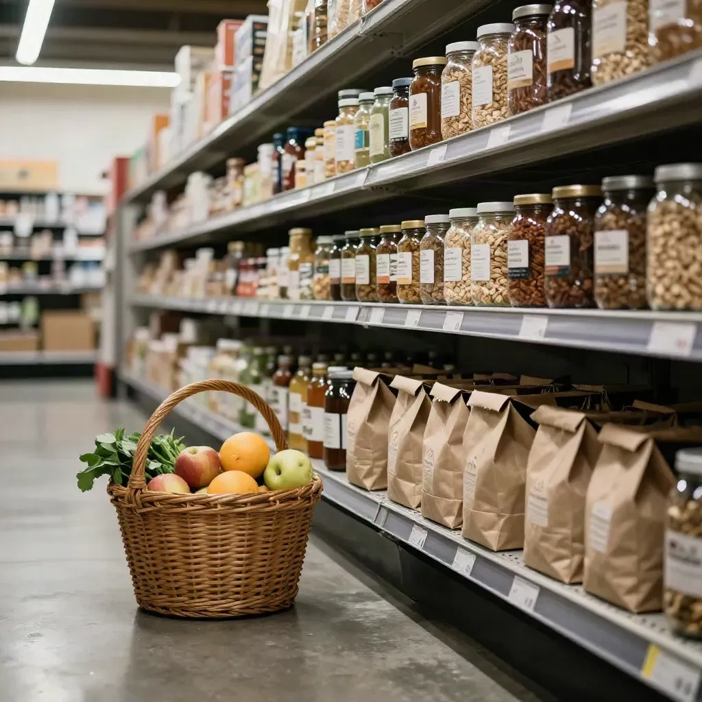 Low supermarket aisle with pantry staples and a produce basket in crisp focus