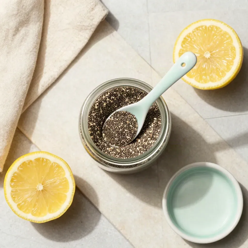 Overhead flatlay of chia oats jar, lemon half, mint spoon, and linen cloth on stone