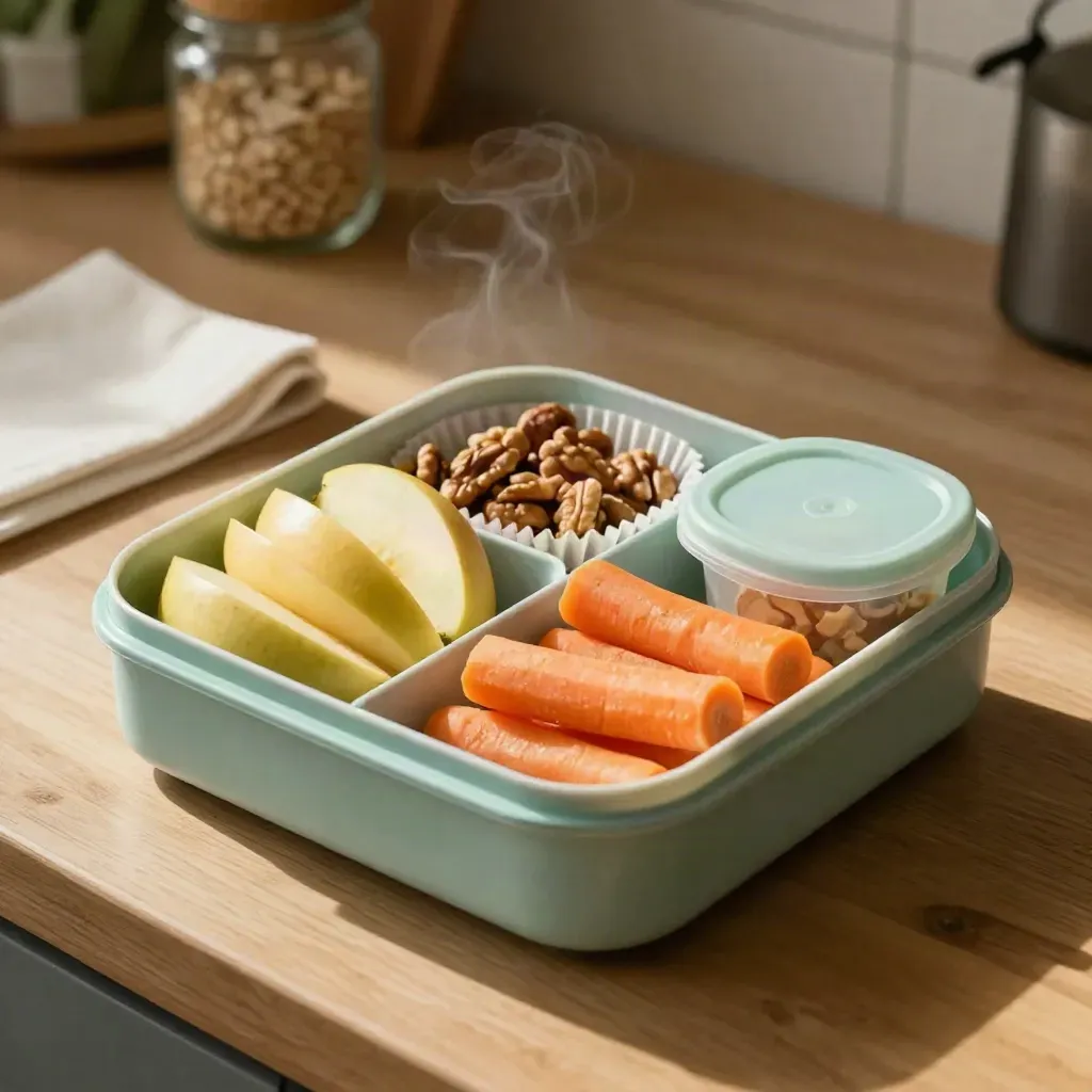 Lunchbox with apple slices, nuts, carrot sticks, and a mint-lid container on a sunlit kitchen counter.