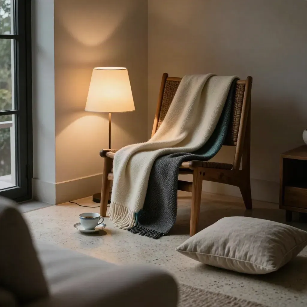 Wool throw, teacup, and glowing lamp on a low chair in a calm living-room corner.