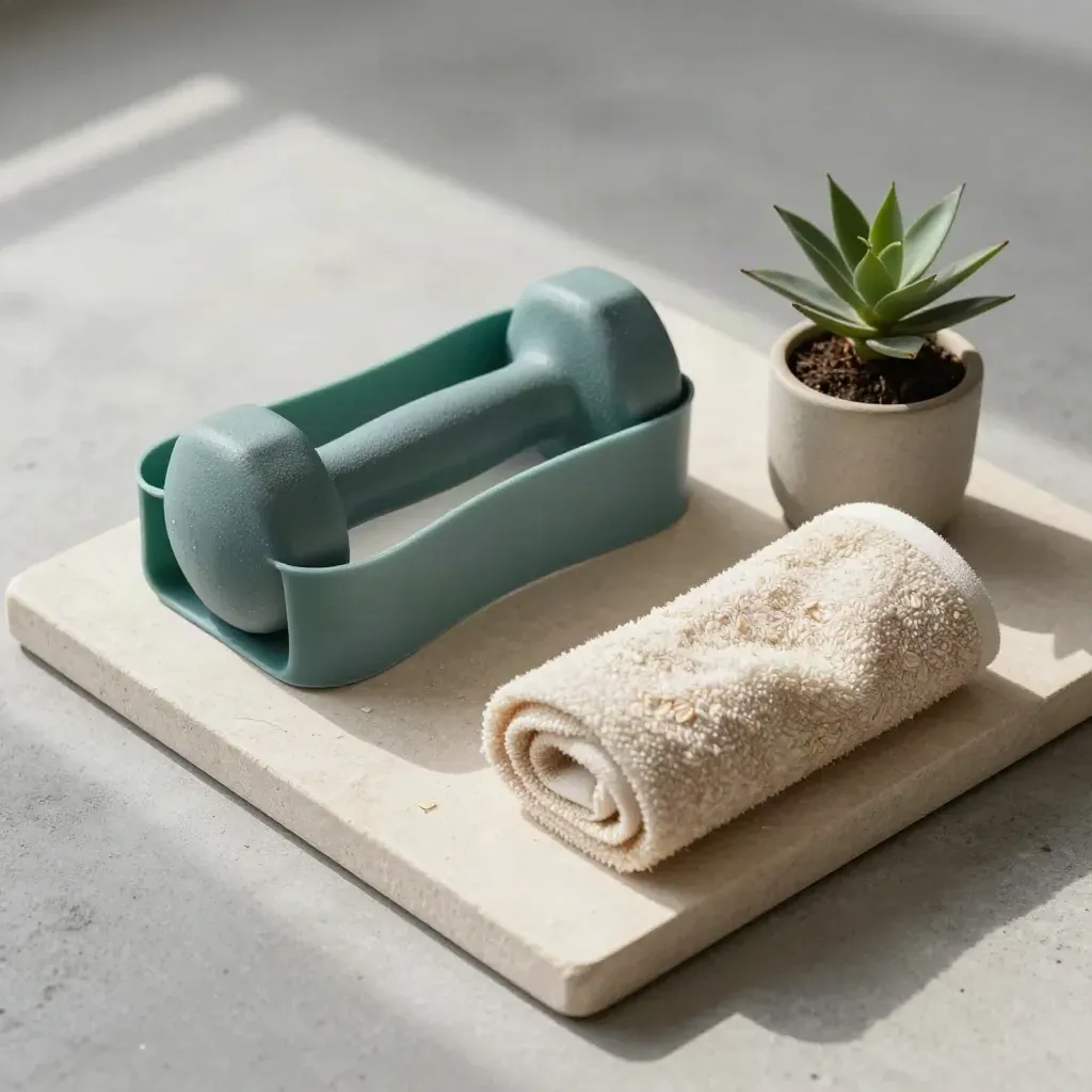 Resistance band, dumbbell, towel and plant arranged on a stone tray