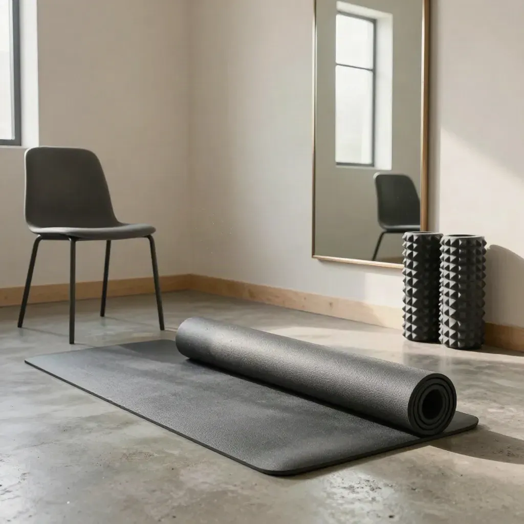 Mirrored wellness corner with chair, half-open mat and foam rollers in morning light.