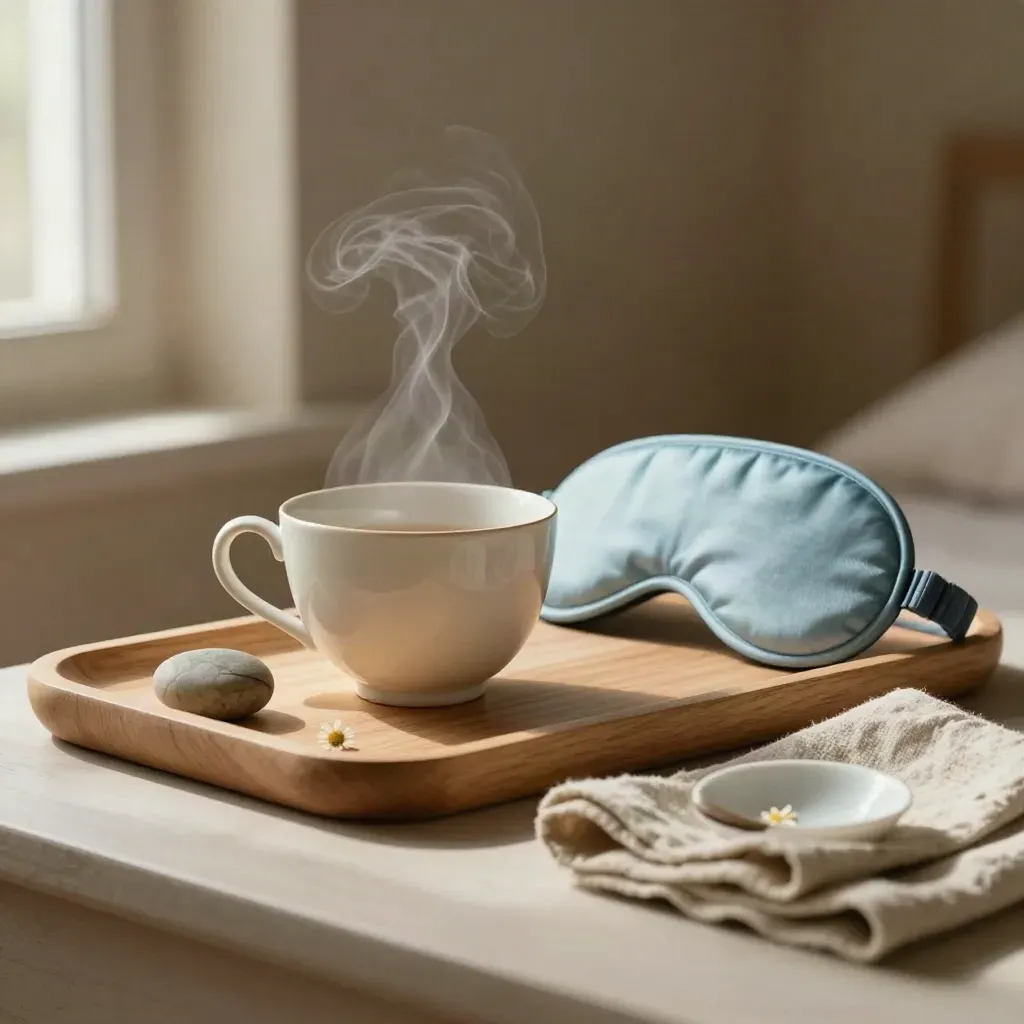 Chamomile tea with sleep mask and stone on pale wood, softly lit in a calm wellness still life