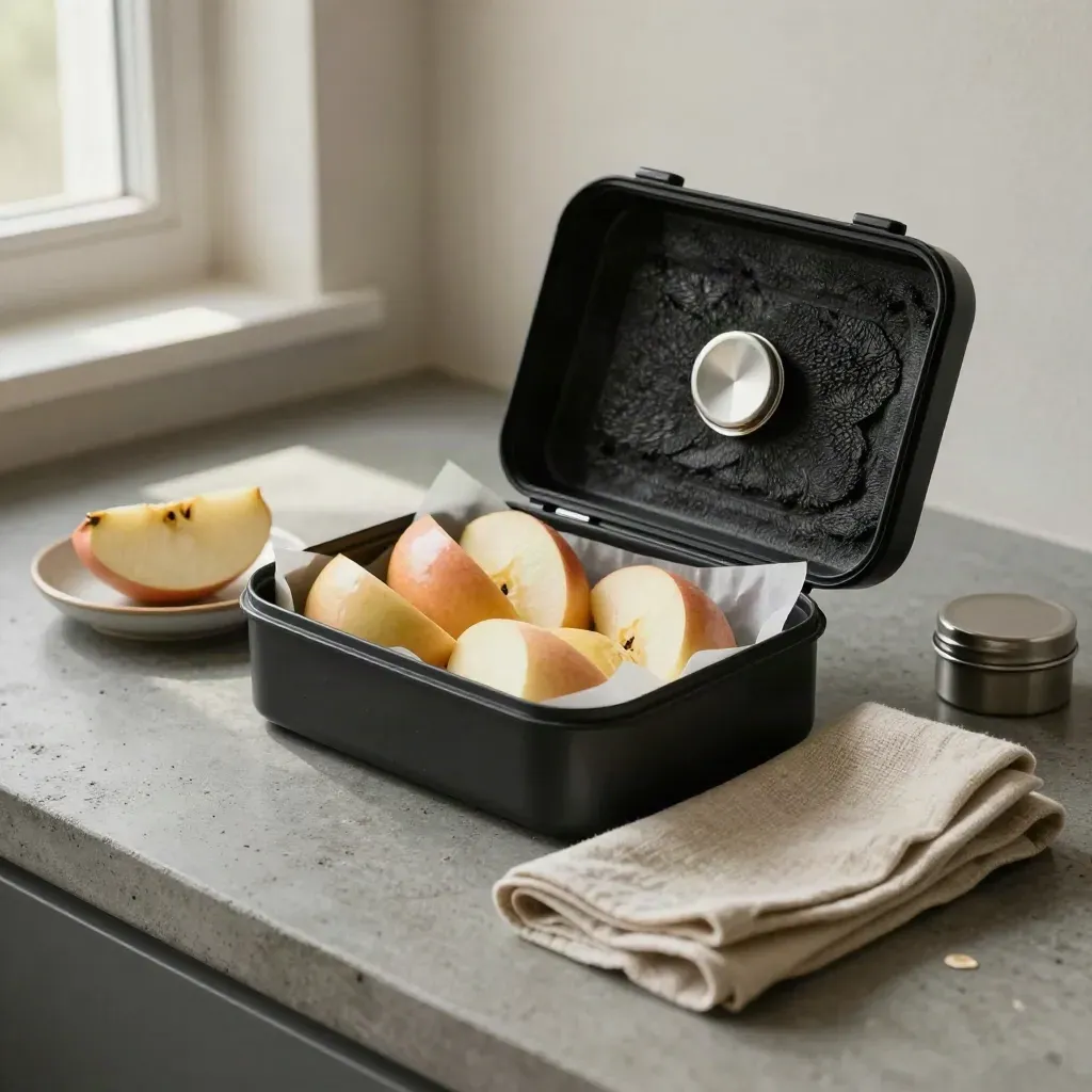 Open charcoal lunchbox with apple wedges, napkin, and bandage tin on pale concrete in morning light