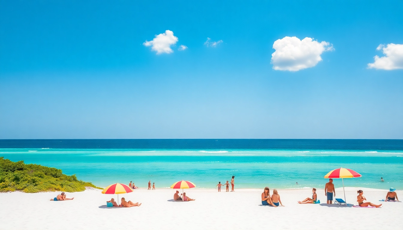 Enjoying the beautiful beach in Pensacola FL, with families and clear blue skies.
