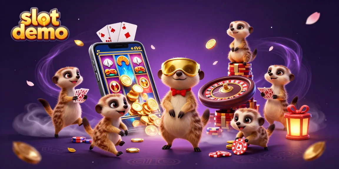 Engage in exciting slot demo gameplay with colorful 3D meerkats at a vibrant casino scene.