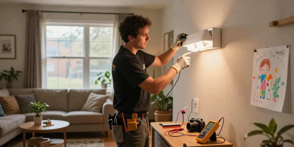 24/7 electrical support in action as electrician installs light fixtures in a cozy home setting.