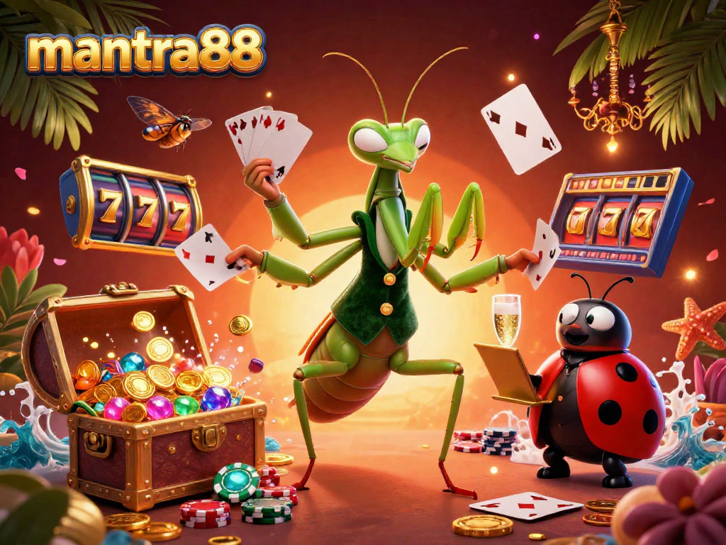 Experience exhilarating gaming action at mantra88 with a vibrant gambling scene featuring a giant mantis dealer and thrilling slot reels.