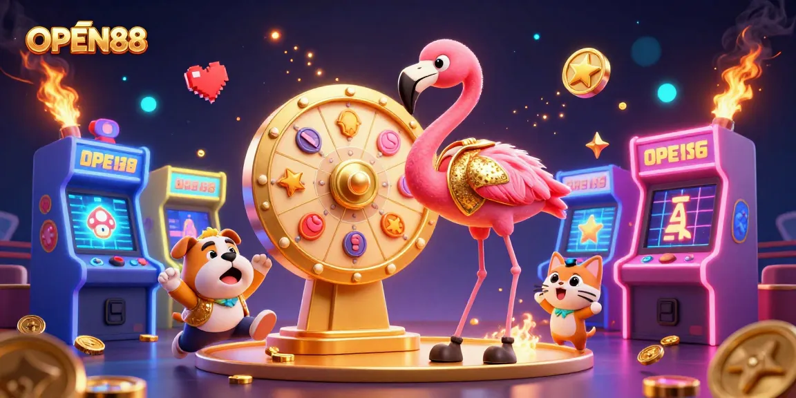 Experience the excitement at OPEN88 with colorful game elements in a thrilling casino scene.
